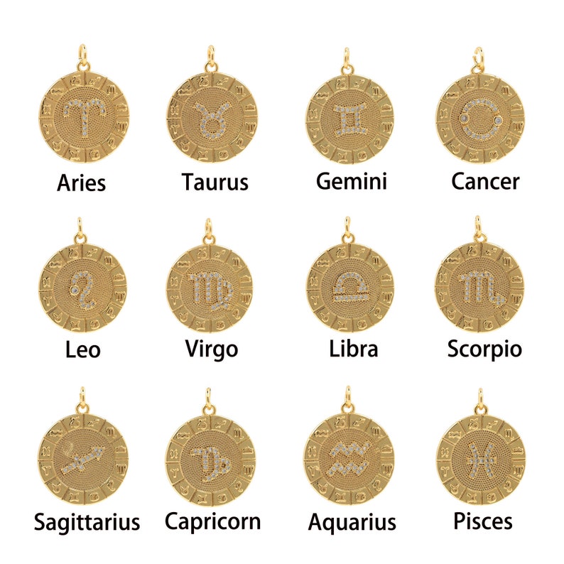 May include: Twelve gold zodiac pendants with white crystal accents. Each pendant features a different zodiac symbol.