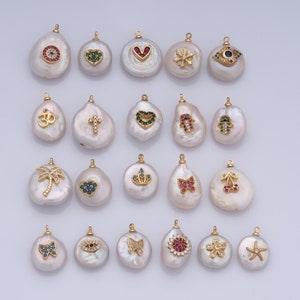 May include: Twenty pearl charms with different colored gemstone and enamel designs. The charms feature various symbols including hearts, stars, palm trees, butterflies, crowns, and more.