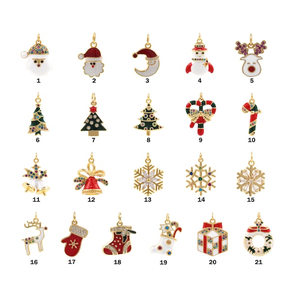 Une collection complète de breloques de Noël, une variété de styles sont disponibles, des pendentifs Père Noël en émail rempli d'or 18 carats, des cadeaux de Noël,