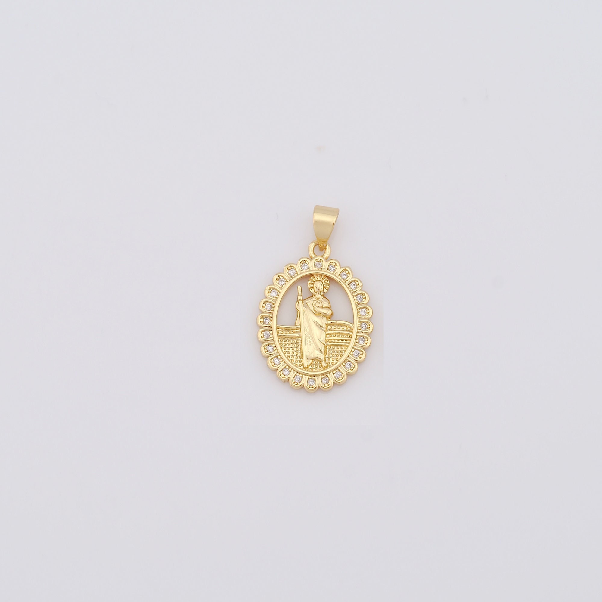 18K Gold Filled Oval Pendant，micropavé CZ Saint Jude Charms