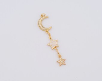 18K Gold Filled Moon Pendant, Micropavé CZ Star Charms, Celestial Charms,Tassel Charms,  DIY Jewelry Making，62.8x14x2.8mm