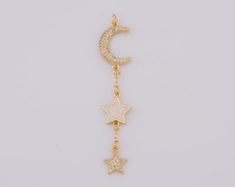 18K Gold Filled Moon Pendant, Micropavé CZ Star Charms, Celestial Charms, Tassel Charms, DIY Jewelry Making，71x13.5x3mm