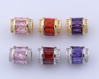 18K Gold Filled Cylinder Beads, Micro Pave CZ Large Hole Beads, DIY Jewelry Making，12x9.5x9.5mm