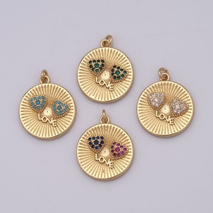 Colgante redondo relleno de oro de 18 quilates, colgante de corazón Micro Pavé CZ, amuletos de amor, amuletos de letras, fabricación de joyas de bricolaje, 22,5x17,5x2,7