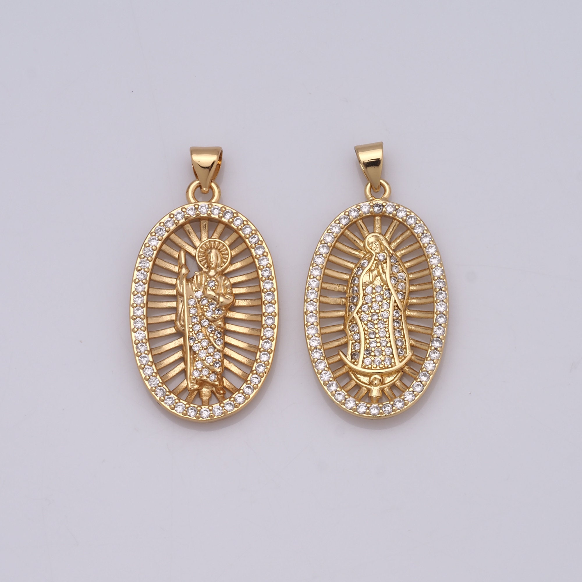 Pendentif Religieux Ovale Communion En Or 14 Carats Avec CZ - Fabriqué En Italie