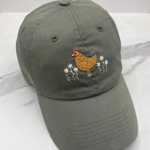 Hand Embroidered Chicken and Flowers Olive Green Hat, Ready to Ship