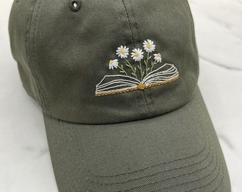 Hand Embroidered Book and Flowers Olive Green Hat, Ready to Ship