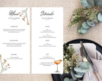 Wedding menu card drinks menu minimalist|wedding menu template customizable|printable|wedding drinks|wedding menu