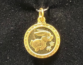 24k Gold Round Rabbit Pendant (solid, 15mm)