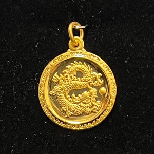 24k Gold Dragon Round Pendant (Solid, 20mm)