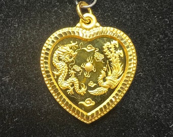 24k Gold Heart Pendant- Dragon & Phoenix