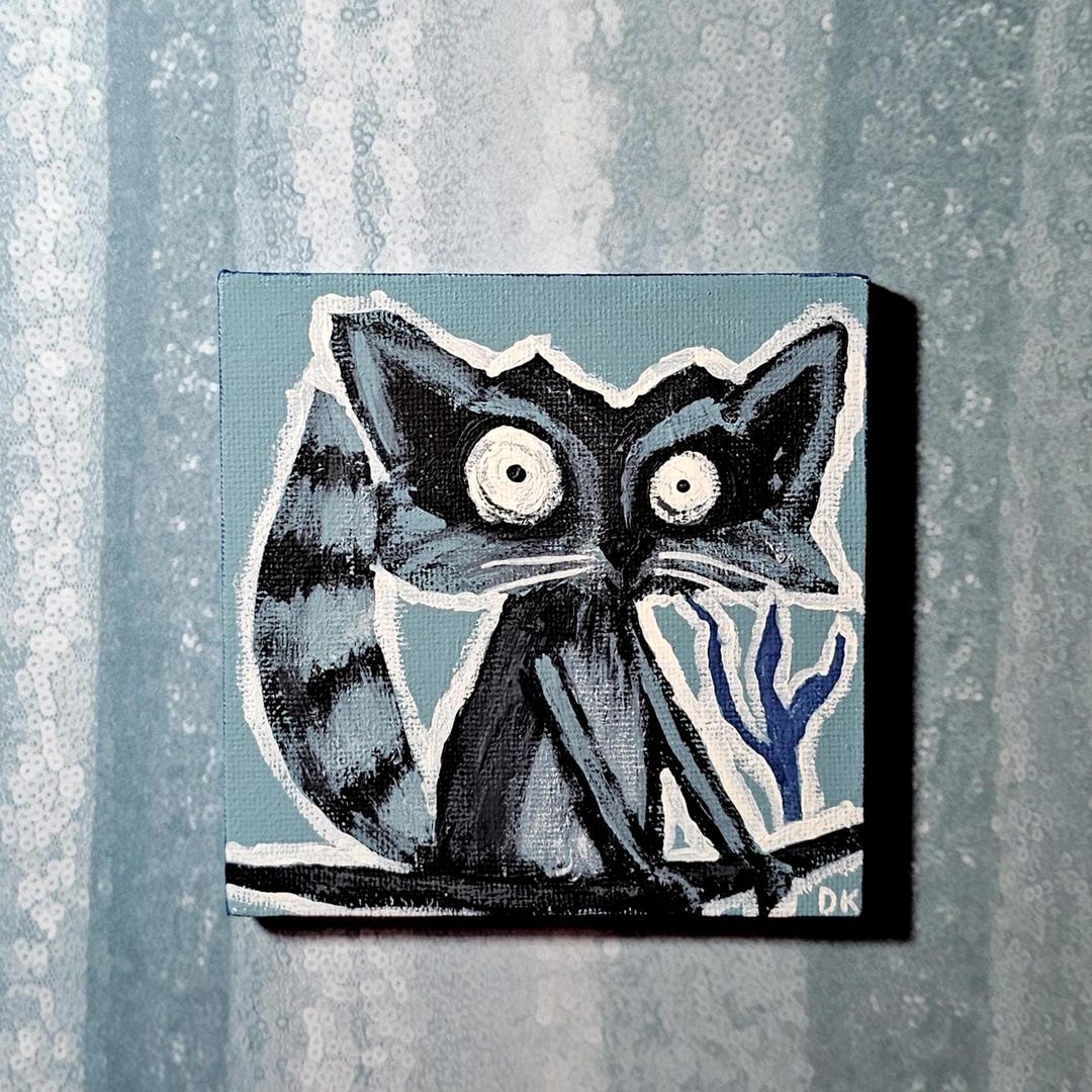 Raccoon Painting 4x4 Acrylic – Whimsical Animal Art for Wall or Shelf ...