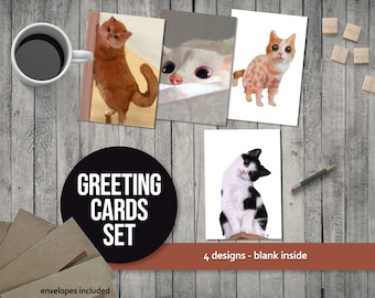 Cat Greeting Cards, Blank Note Cards with Kraft Envelopes