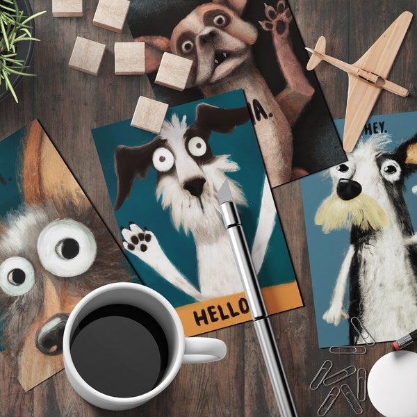 Quirky Dog Greeting Cards Variety 4 Pack with Envelopes Funny Hello Cards Just Because Card