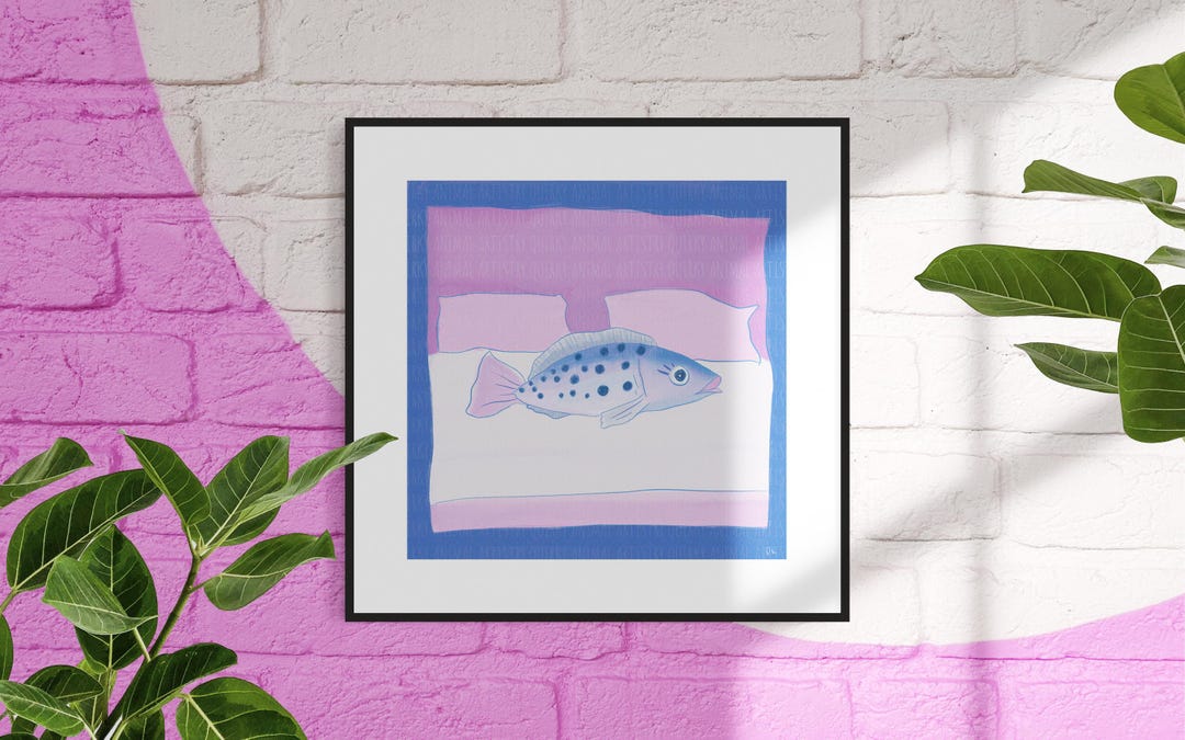 Cute Fish Art Print 8x8 Inches Fish in Bed Print Colorful Fish Wall Art