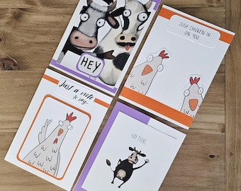 Funny Animal Greeting Cards - Cow & Chicken Pun Card Set