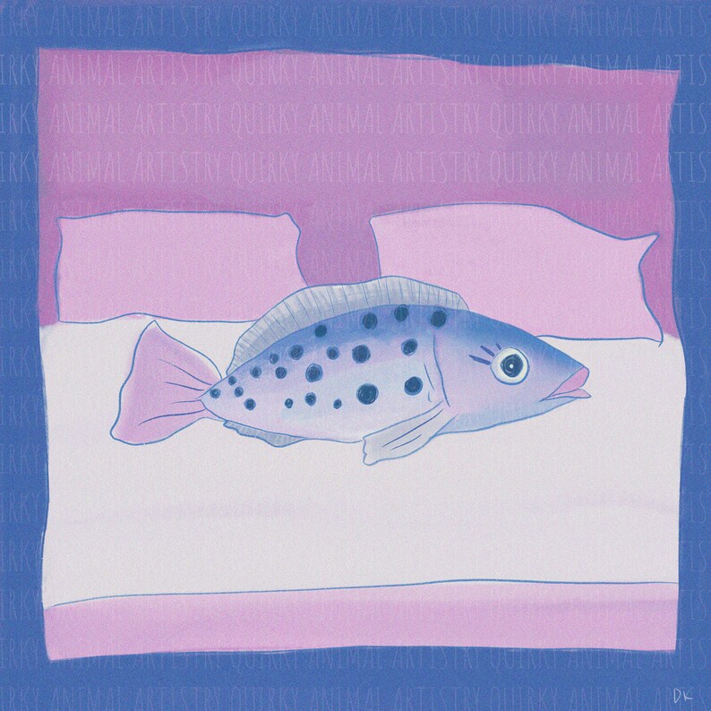 Cute Fish Art Print 8x8 Inches Fish in Bed Print Colorful Fish Wall Art