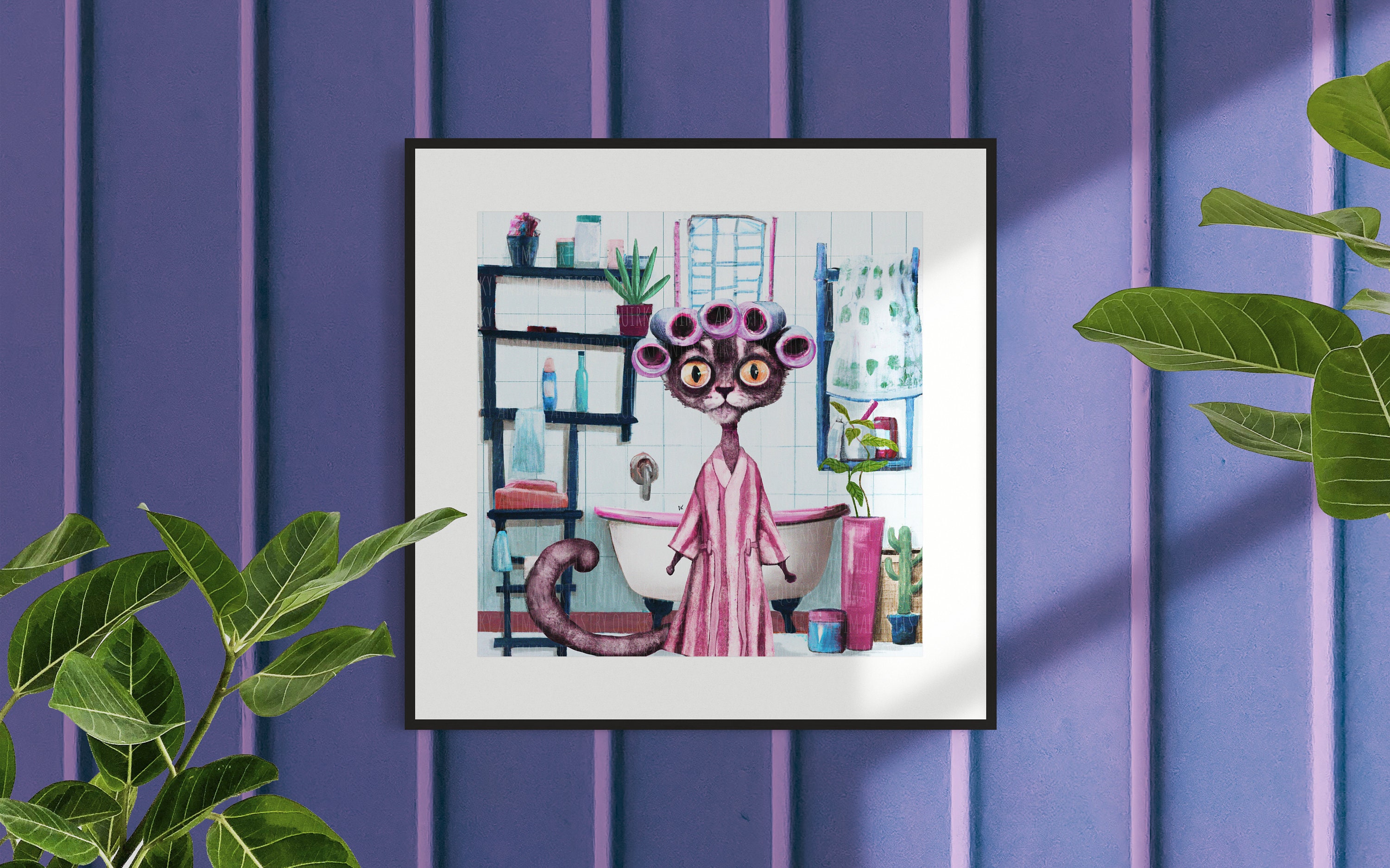 Funny Bathroom Art Cat in Curlers Pink Bathroom Art Berry and Blue
