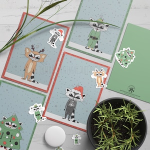 Raccoon Christmas Cards Pack with Vinyl Stickers - Original Art - Cute Christmas Cards