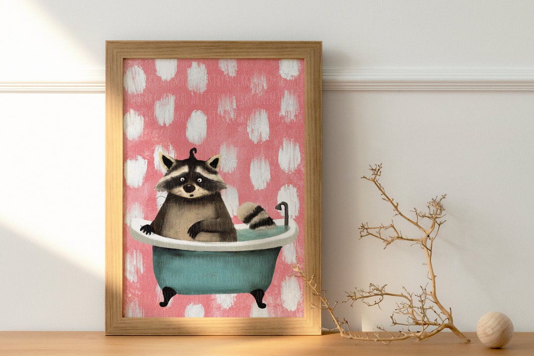 Quirky Raccoon Bath Art Print Raccoon Home Decor Funny Animal Wall Art