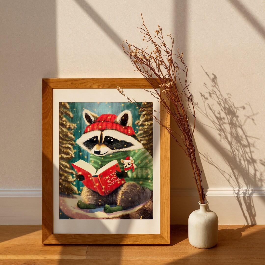Whimsical Raccoon and Mouse Art Print Christmas Home Decor Cute Animal ...