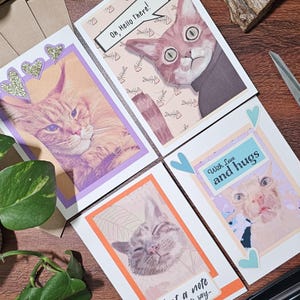 Handmade Cat Greeting Cards 5 x7 Inches Set of 4 – Quirky Cats with Kraft Envelopes