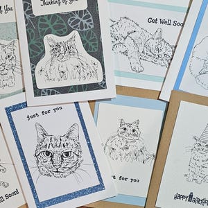 Cat Art Greeting Cards 5x7 Inches - Hand Drawn OOAK Cat Art Set of 8