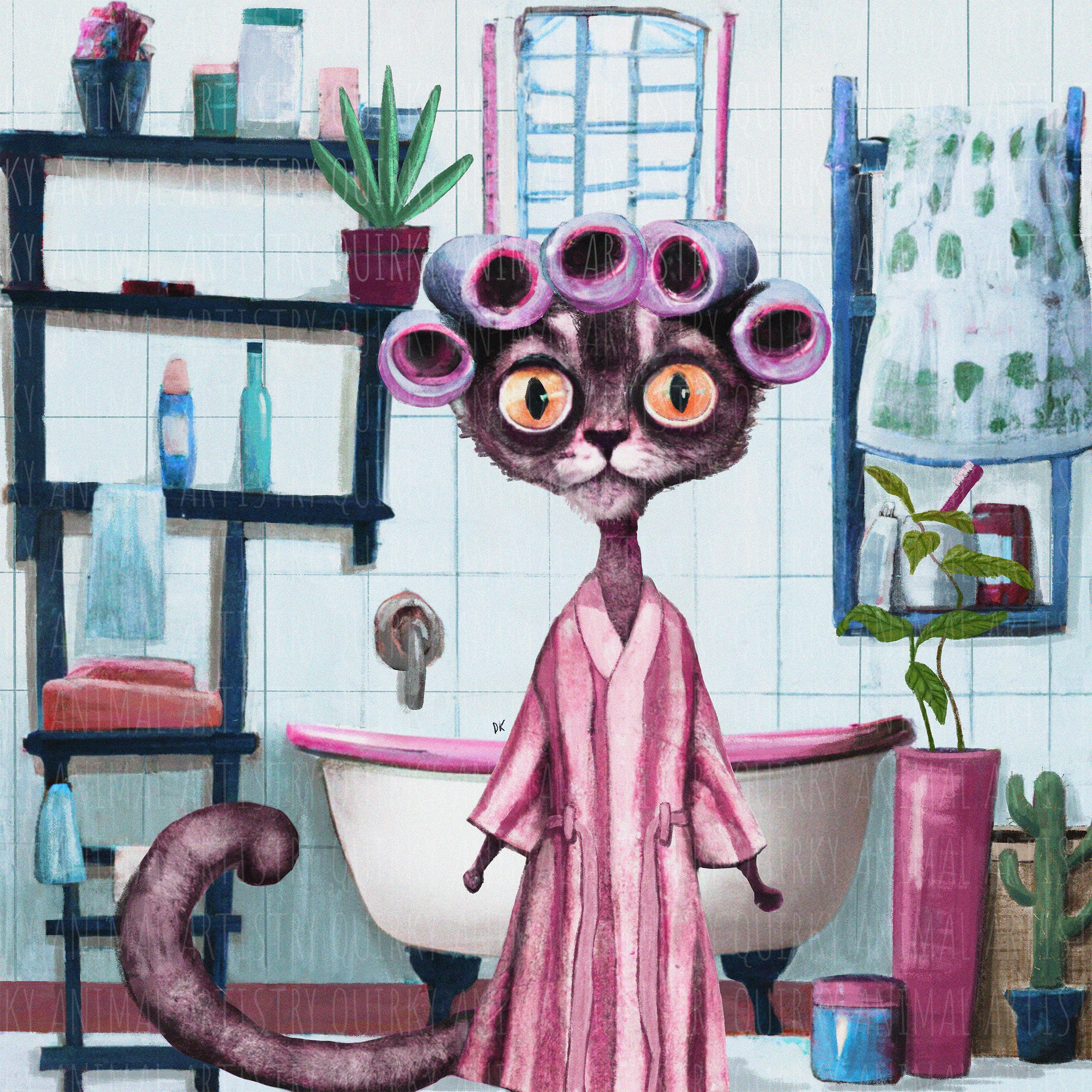 Funny Bathroom Art Cat in Curlers Pink Bathroom Art Berry and Blue