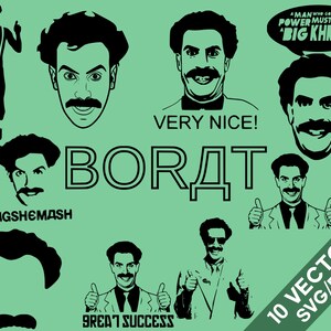 Puede incluir: Un conjunto de 10 ilustraciones vectoriales en blanco y negro que representan a un hombre con bigote y diversas expresiones. Las ilustraciones incluyen el texto "JAGSHEMASH", "VERY NICE!" y "BORAT".