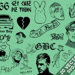 May include: A set of 20 black and white vector illustrations featuring various designs, including a car, a broken heart, a bunny, a rose, a skull, a cartoon character, and text such as "666", "Get Cake Die Young", "Cry Baby", "GBC", "Trash", "Mom", "Lil Peep", and "Hell Boy".