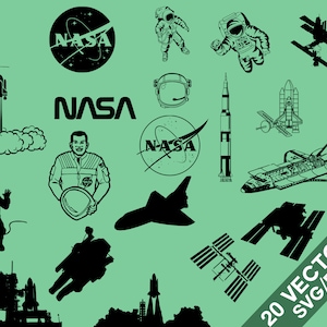 Op de afbeelding: Een set van 20 zwart-witte vectorillustraties van ruimtethema's, waaronder astronauten, raketten, spaceshuttles, het NASA-logo en het International Space Station. De tekst "20 VECTORS SVG/PNG" staat in de rechterbenedenhoek van de afbeelding.