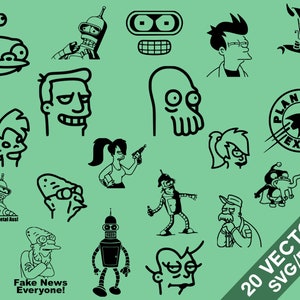 May include: A set of 20 black and white vector illustrations of characters from the animated television series Futurama. The characters include Bender, Leela, Fry, Zoidberg, and Professor Farnsworth. The illustrations are in a cartoon style and are perfect for use in digital projects.