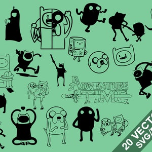 May include: A set of 20 black and white vector illustrations of characters from the animated television series Adventure Time. The characters include Finn, Jake, Princess Bubblegum, Marceline, Ice King, and BMO. The text "Adventure Time" is also included in the set.
