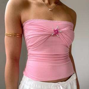 Handmade pink rhinestone starfish tube top knit strapless costal Italian Ibiza vacation beach sparkly summer y2k midriff 2000&#39;s full length