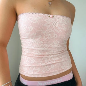 Handmade pink lace tube top top dainty knit top mini rose ballet y2k 2000s full length midriff floral girly spring summer fashion lace trim