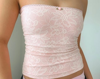 Handgemachte rosa Spitze Schlauch Top Top zierliche Strick Top Mini Rose Ballett y2k 2000s voller Länge Taille floral mädchenhaft Frühling Sommer Mode Spitzenbesatz