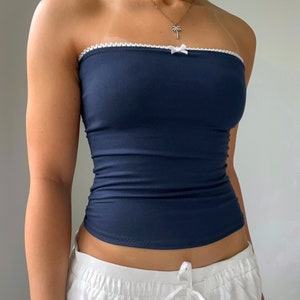 Handmade navy blue tube top dainty knit strapless costal Italian summer y2k 2000&#39;s full length midriff summer fashion lace trim mini bow