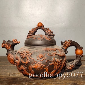 Yixing Purple Clay Teapot: Handmade Shuanglong Dragon Design