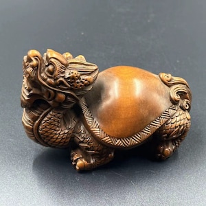 Chinese antique boxwood carved dragon turtle statue