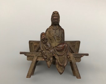 Collectibles Pure Hand Carved Pure Copper Small Guanyin Statue.12