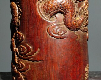中国アンティーク竹彫りペン立て彫刻「真珠と遊ぶ双龍」 - Etsy 日本
