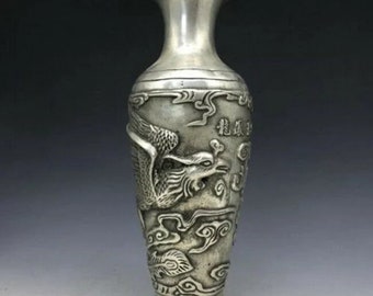 Chinese Tibetan silver vase with dragon and phoenix design—qianlong mark