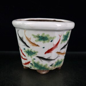 Puede incluir: Una maceta de cerámica blanca con forma cuadrada redondeada. Está decorada con coloridas carpas koi en rojo, negro y dorado, nadando entre plantas acuáticas verdes. La maceta tiene tres pequeños pies.