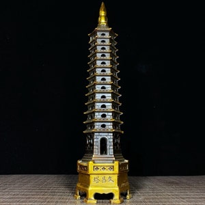 Collectibles Pure Hand Carved Pure Copper Dot Gold Wenchang Pagoda Statue.56