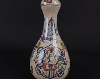 Ventana Doucai antigua china que abre una botella de ajo con patrón Fuwa
