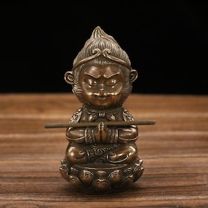 crafts ornament Hand Carved Sitting Lotus Monkey King Brass Statue.68