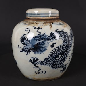 Puede incluir: Un jarrón de porcelana blanca con un diseño de dragón azul y blanco. El jarrón tiene una tapa y está decorado con un patrón chino tradicional.