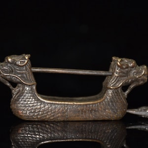 Chinese antiques pure copper brass double head boat lock.h