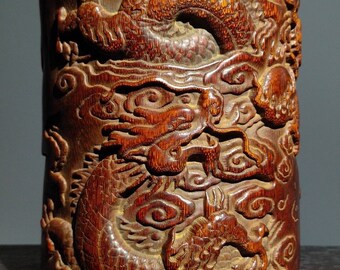 中国アンティーク竹彫りペン立て彫刻「真珠と遊ぶ双龍」 - Etsy 日本