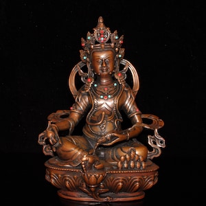 Chinese antique early collection of pure copper copper gemstone inlaid yellow god of wealth Buddha—001002